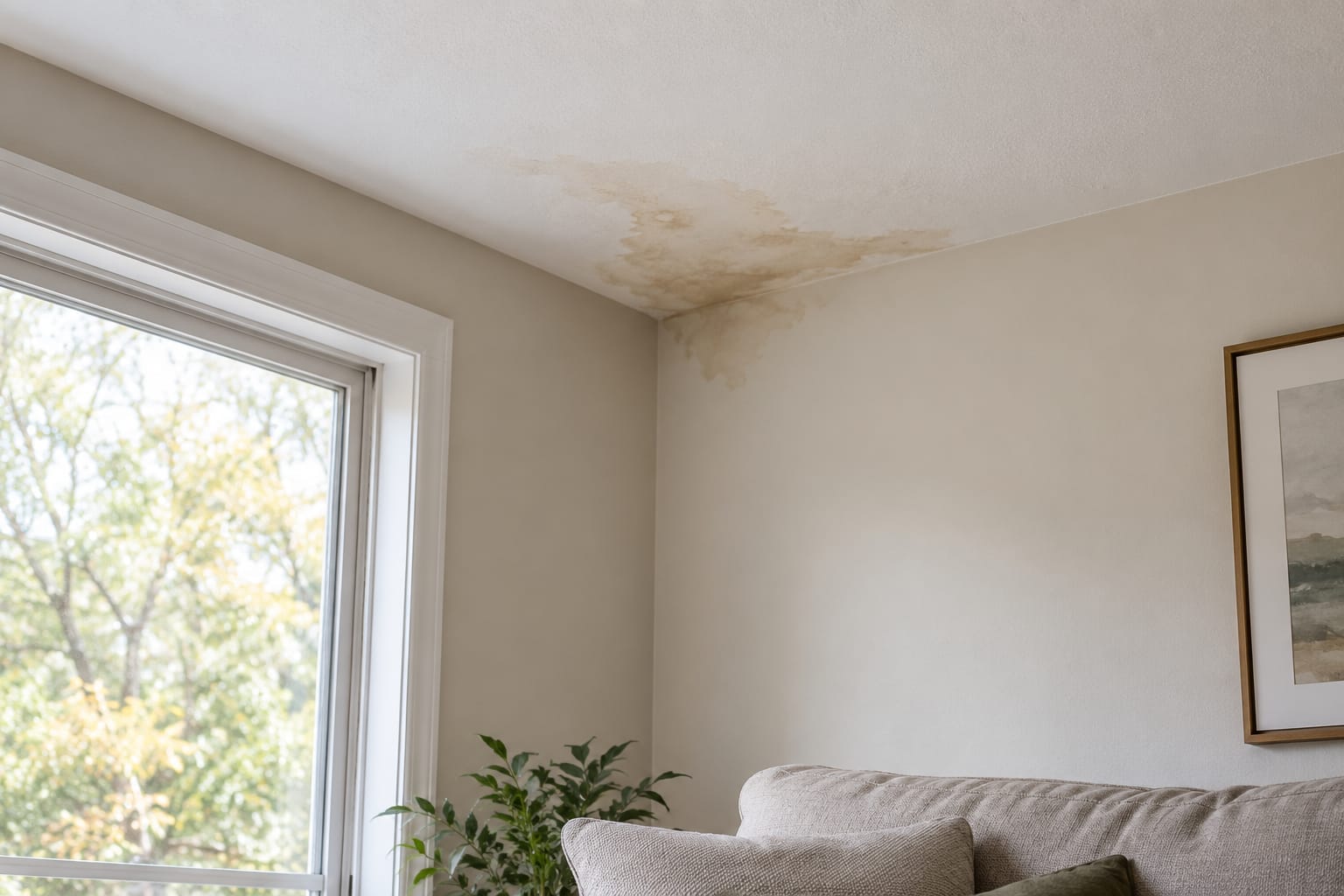 A water stain on the ceiling above a living room